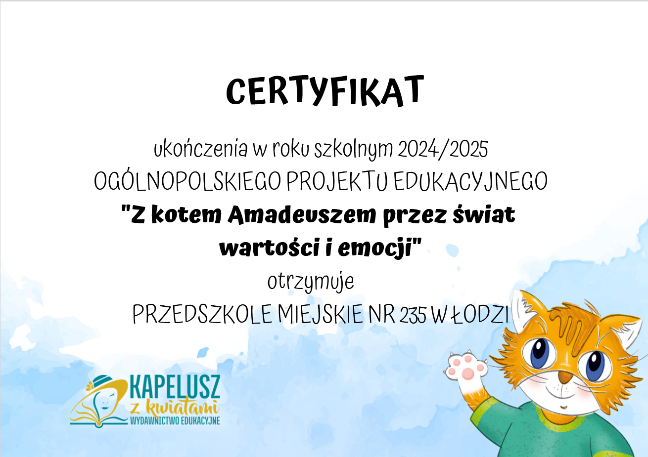 certyfkiat uczestnictwa w projekcie dla przedszkola