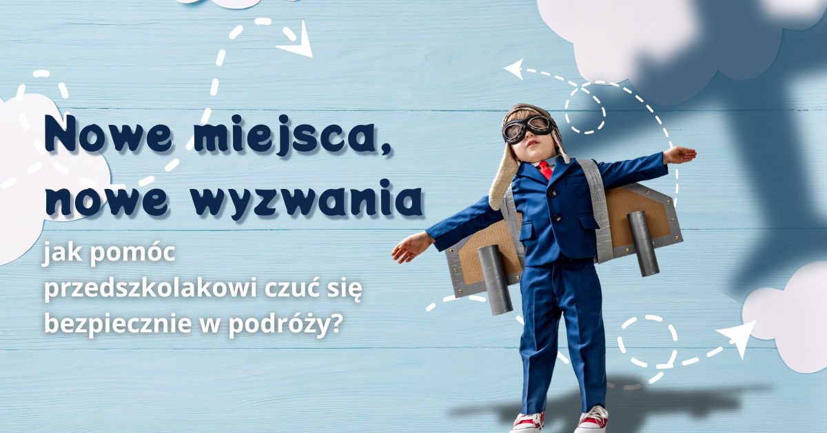 Dziecko z tekturowymi skrzydłami jak w samolocie, obok tytuł artykułu.