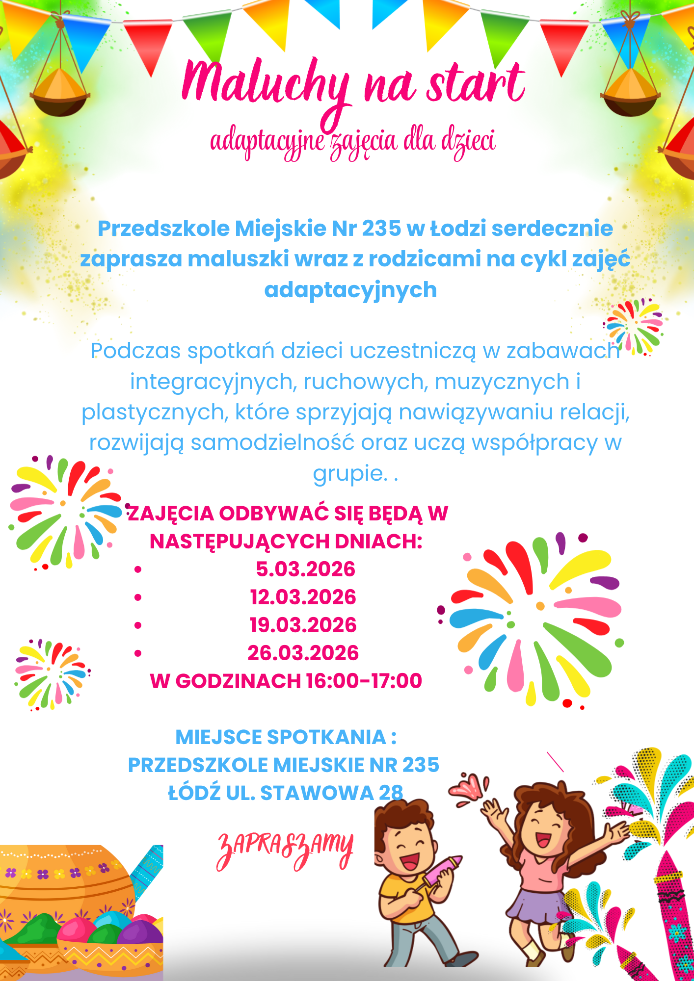 Plakat promujący zajęcia adaptacyjne w przedszkolu.