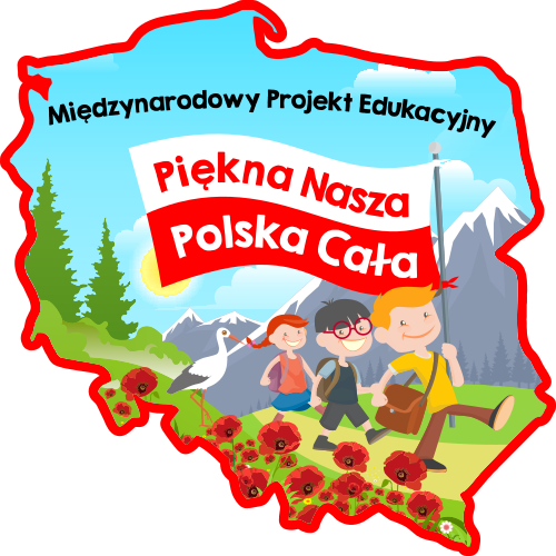Grafika przedstawia logo projektu: troje dzieci idące jedno za drugim, pierwsze trzyma flagę Polski. Za nimi idzie bocian, przed nimi są maki. W tle góry i las. Wszystko umieszczone w konturze mapy Polski. 