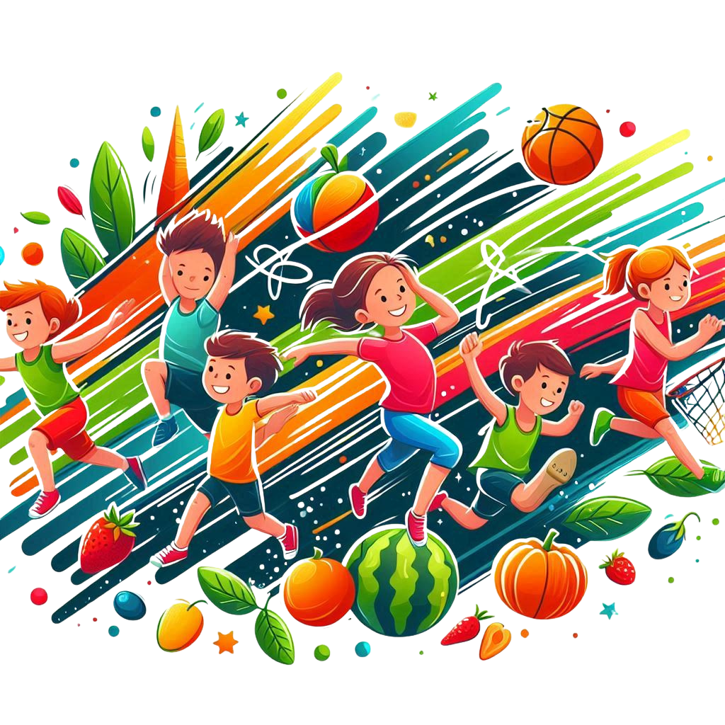 logo projektu Zdrowo i sportowo - dzieci podczas aktywności fizycznych, w tle piłki, owoce i warzywa.