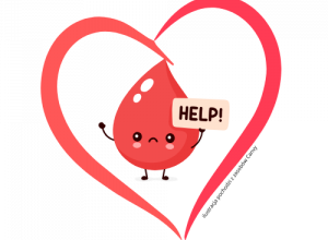 Kropla krwi z napisem "HELP" w ramce z serca
