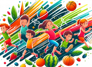 logo projektu Zdrowo i sportowo - dzieci podczas aktywności ruchowej, w tle piłki, owoce i warzywa