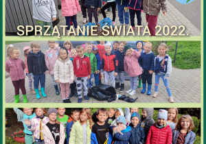 Grupowe zdjęcia dzieci wykonane podczas sprzątania świata, z workami, w rękawicach ochronnych.